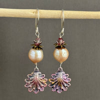 Beachy Pink Freshwater Pearl Earrings with Hand Painted Shell Drops in Sterling Silver