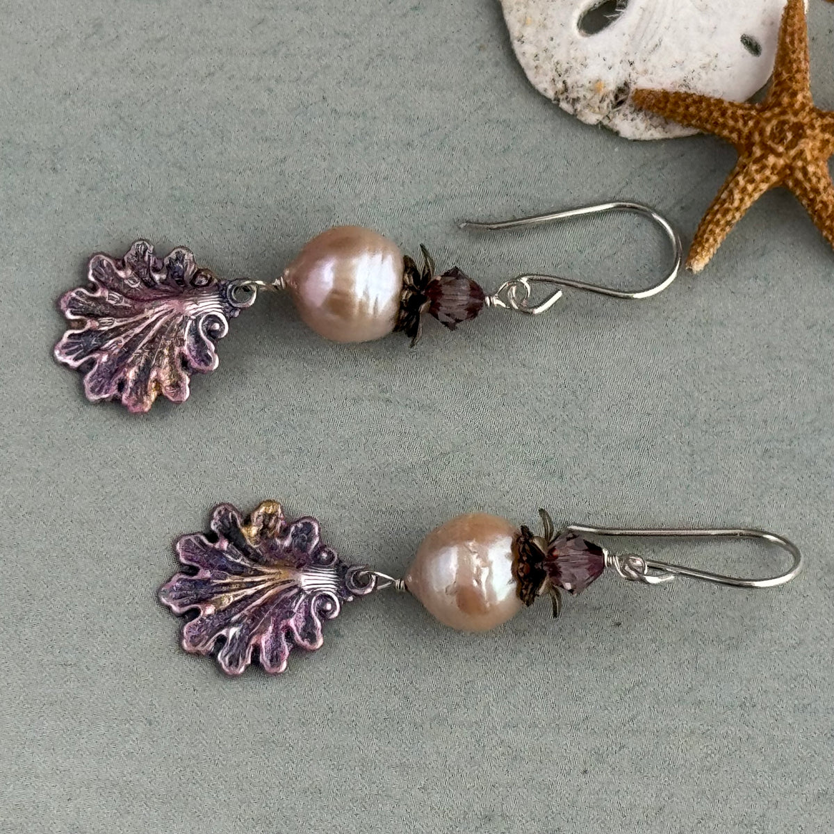 Beachy Pink Freshwater Pearl Earrings with Hand Painted Shell Drops in Sterling Silver