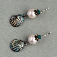 Beachy Large White Round Freshwater Pearl Earrings with Hand Painted Shell Drop in Sterling Silver