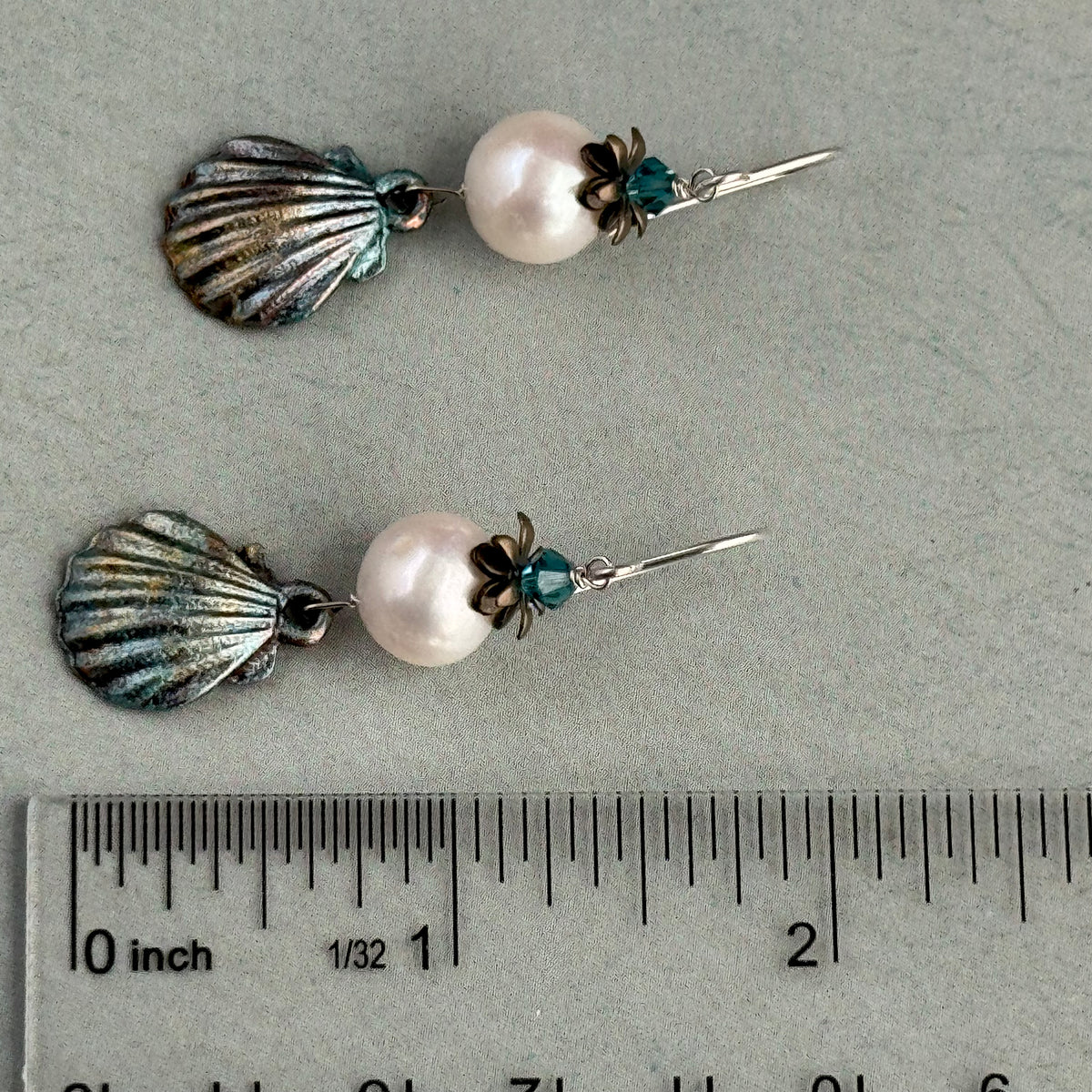 Beachy Large White Round Freshwater Pearl Earrings with Hand Painted Shell Drop in Sterling Silver