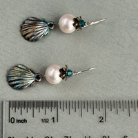 Beachy Large White Round Freshwater Pearl Earrings with Hand Painted Shell Drop in Sterling Silver