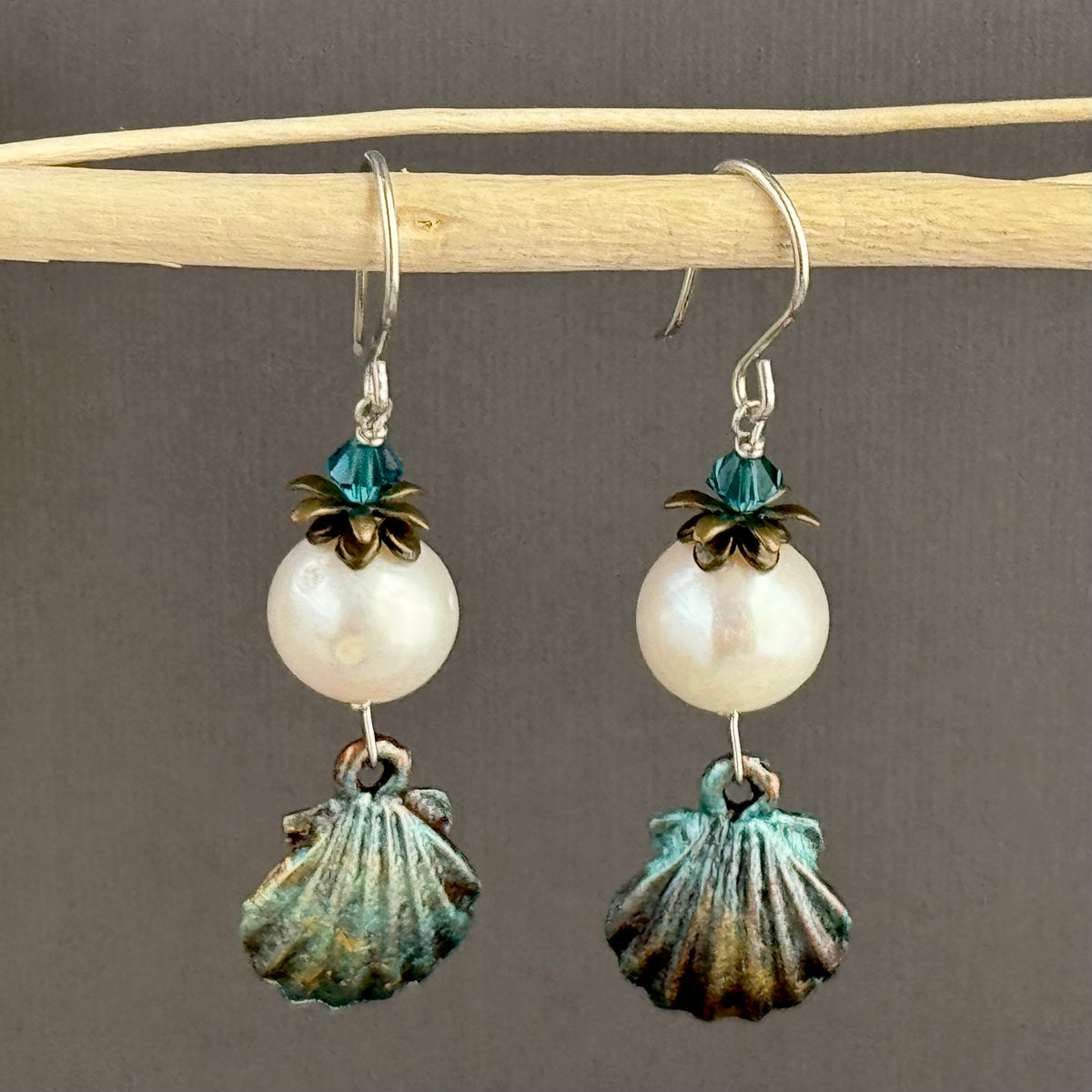 Beachy Large White Round Freshwater Pearl Earrings with Hand Painted Shell Drop in Sterling Silver