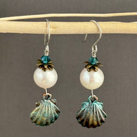 Beachy Large White Round Freshwater Pearl Earrings with Hand Painted Shell Drop in Sterling Silver