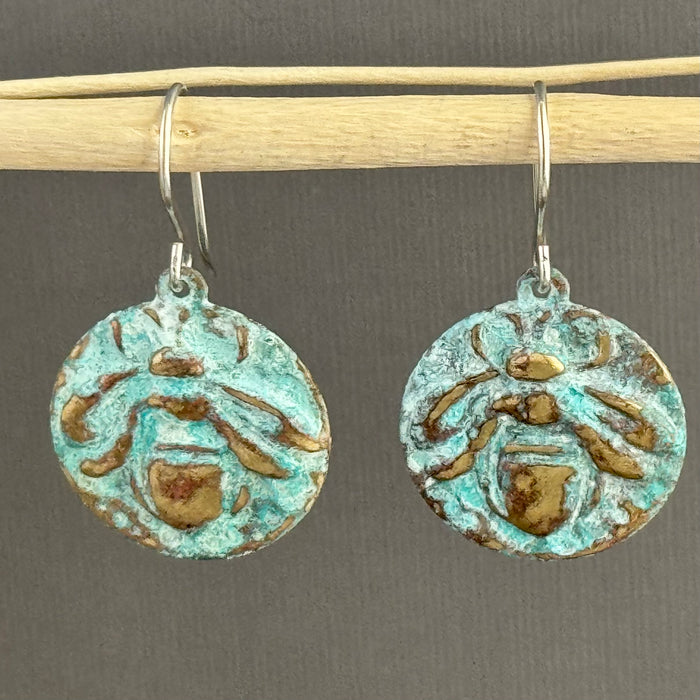 Patina Brass Bee Earrings in Sterling Silver