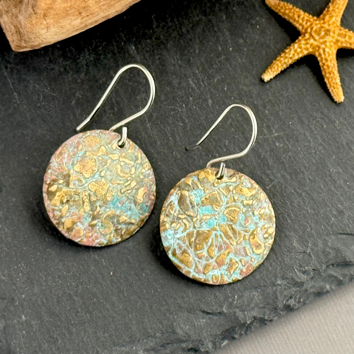 Rustic Patina Brass Textured Coin Earrings in Sterling Silver