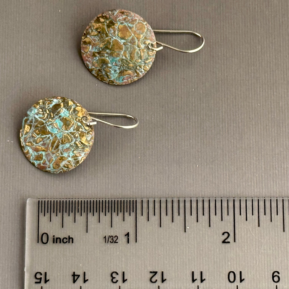 Rustic Patina Brass Textured Coin Earrings in Sterling Silver