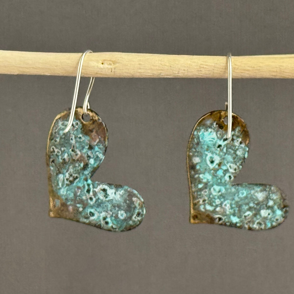 Groovy Boho Brass Heart Earrings in Sterling Silver