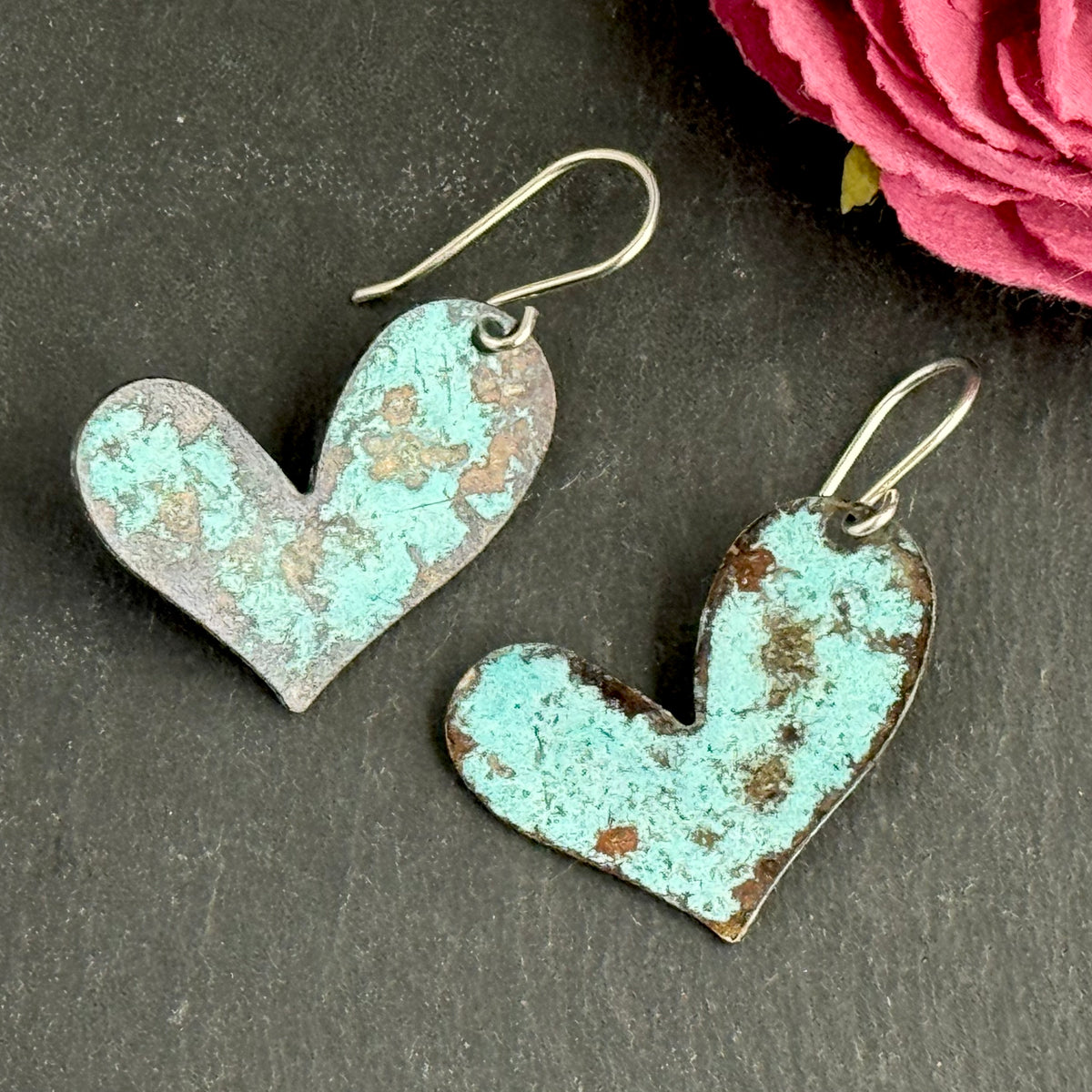 Groovy Boho Brass Heart Earrings in Sterling Silver