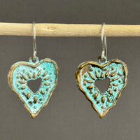 Boho Brass Etched Heart Earrings in Sterling Silver