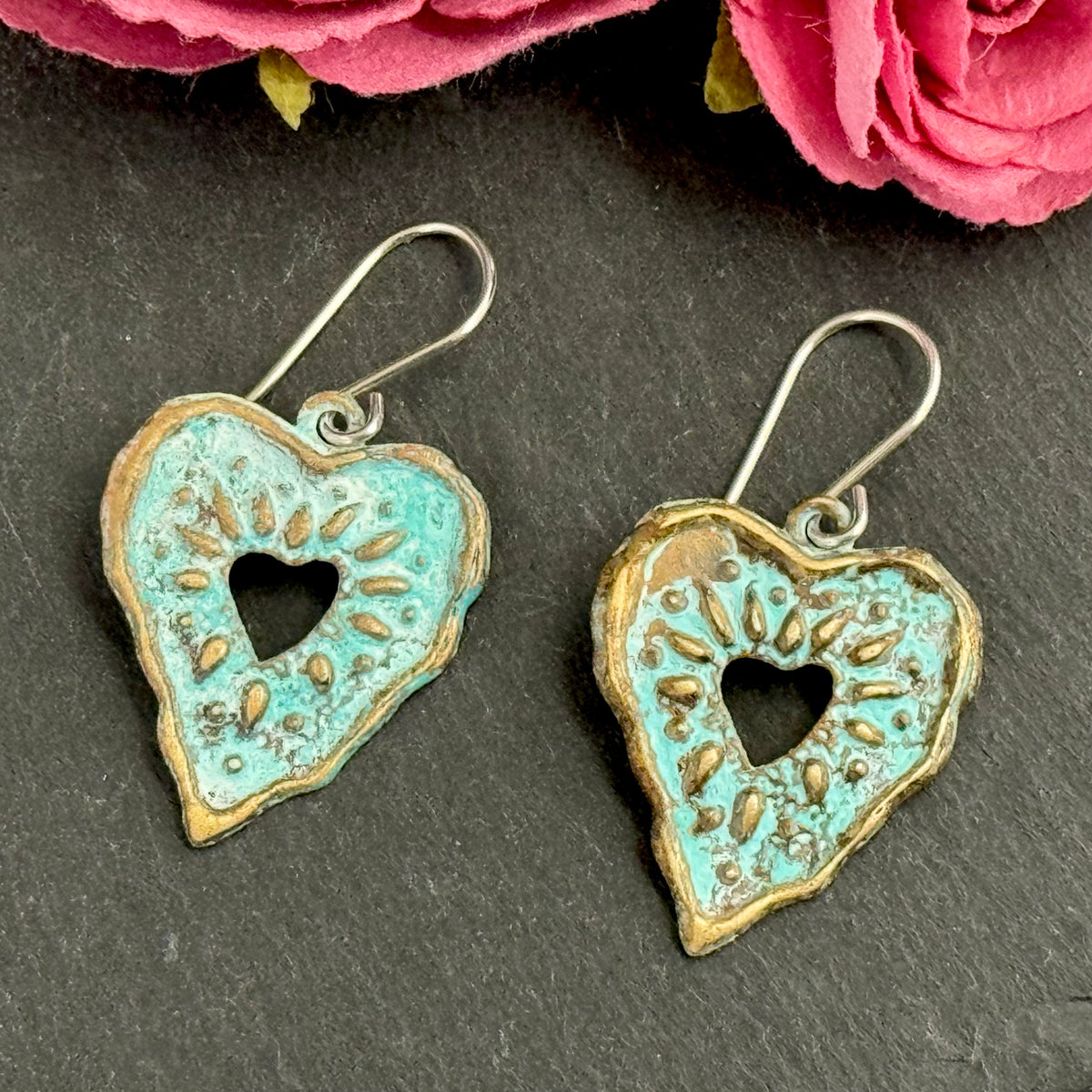 Boho Brass Etched Heart Earrings in Sterling Silver