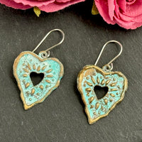 Boho Brass Etched Heart Earrings in Sterling Silver