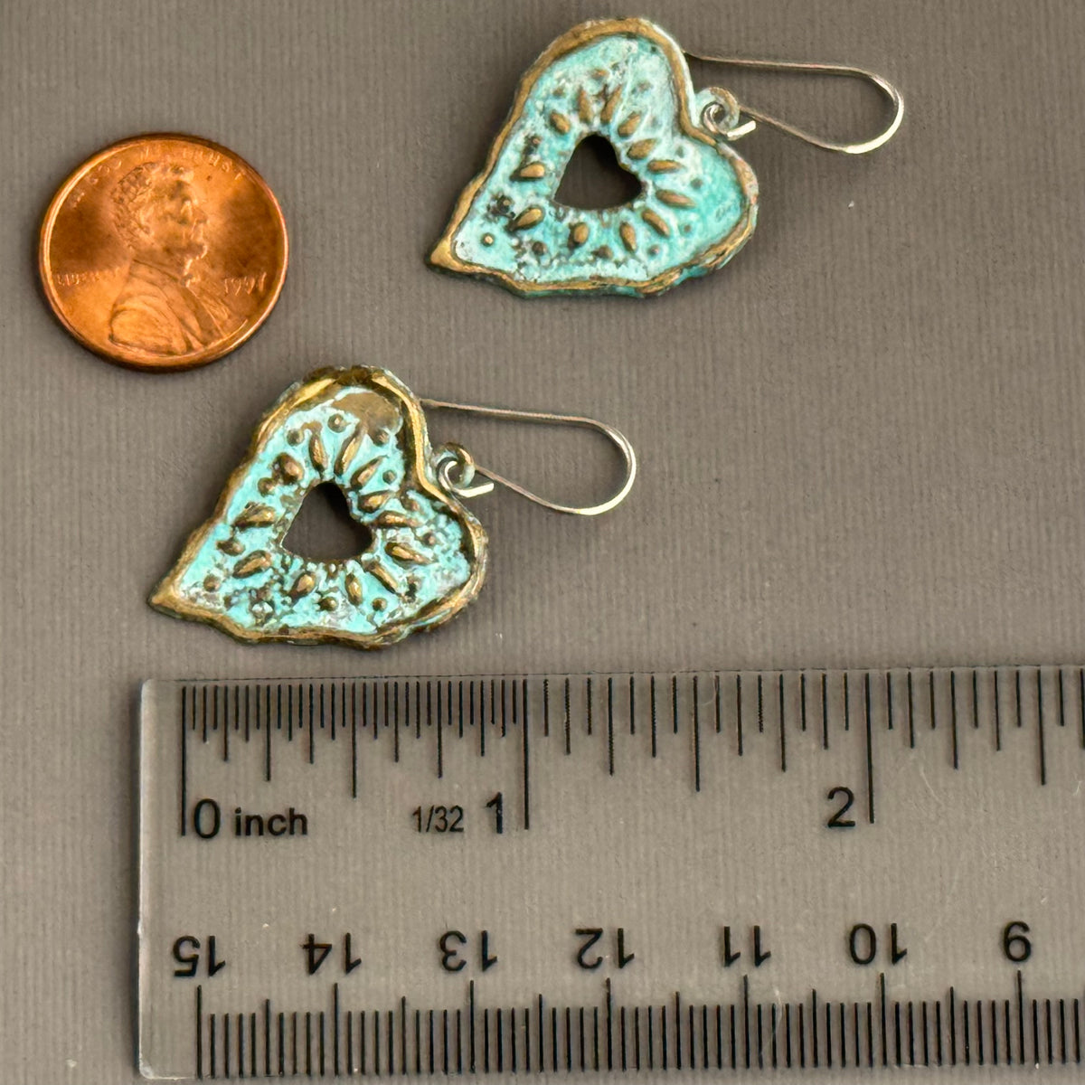 Boho Brass Etched Heart Earrings in Sterling Silver