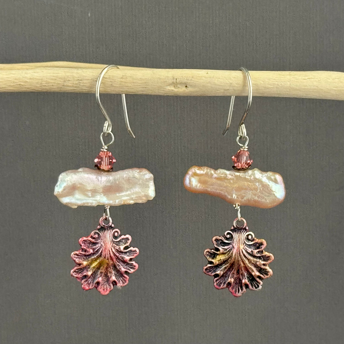 Beachy Peach Freshwater Stick Pearl Earrings with Hand Painted Shell Drop in Sterling Silver