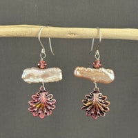 Beachy Peach Freshwater Stick Pearl Earrings with Hand Painted Shell Drop in Sterling Silver