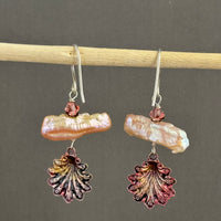 Beachy Peach Freshwater Stick Pearl Earrings with Hand Painted Shell Drop in Sterling Silver