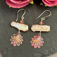 Beachy Peach Freshwater Stick Pearl Earrings with Hand Painted Shell Drop in Sterling Silver