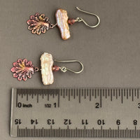 Beachy Peach Freshwater Stick Pearl Earrings with Hand Painted Shell Drop in Sterling Silver