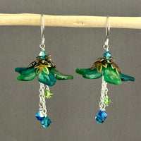 Large Hand Painted Green and Blue Lucite Flower Earrings in Sterling Silver