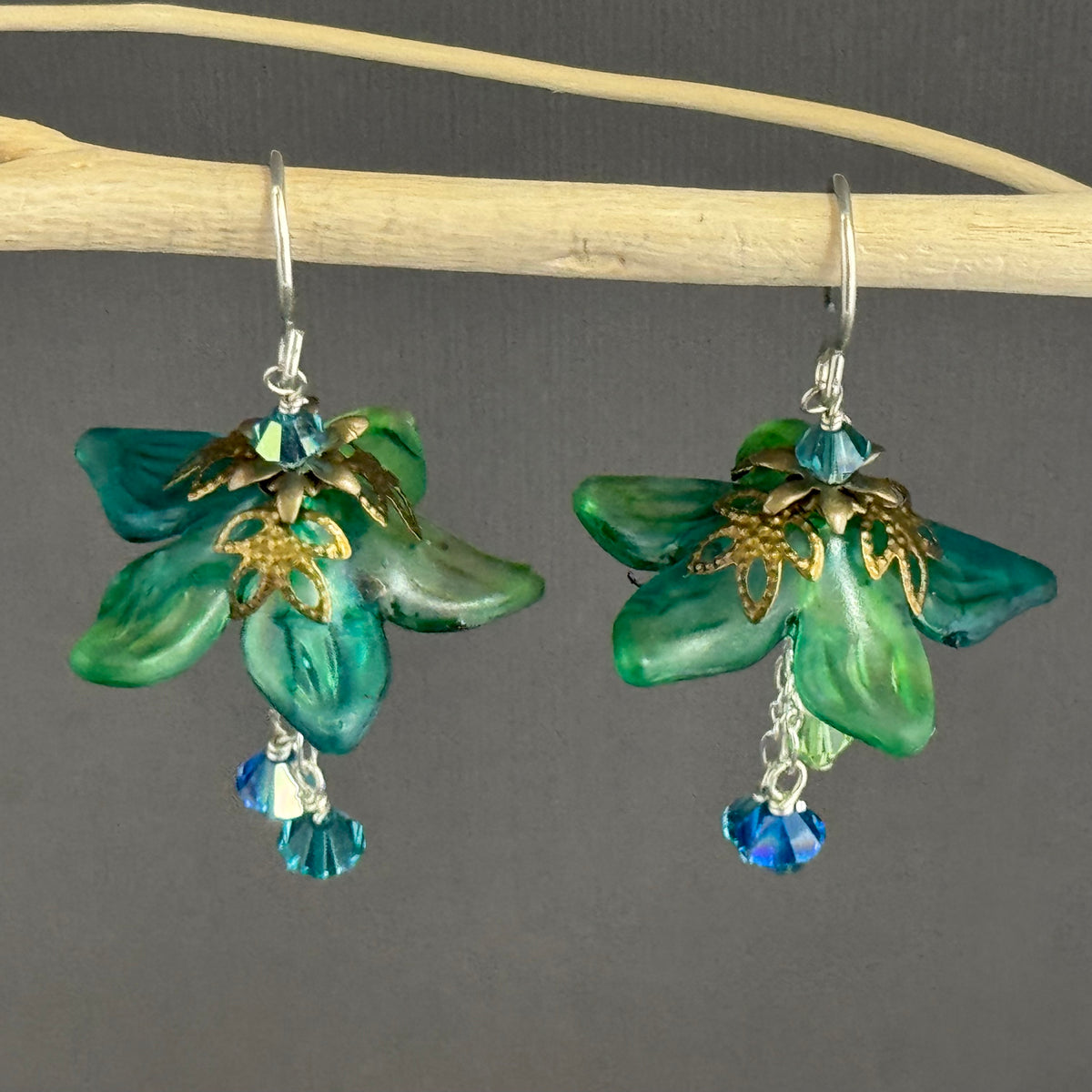 Large Hand Painted Green and Blue Lucite Flower Earrings in Sterling Silver