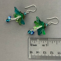 Large Hand Painted Green and Blue Lucite Flower Earrings in Sterling Silver