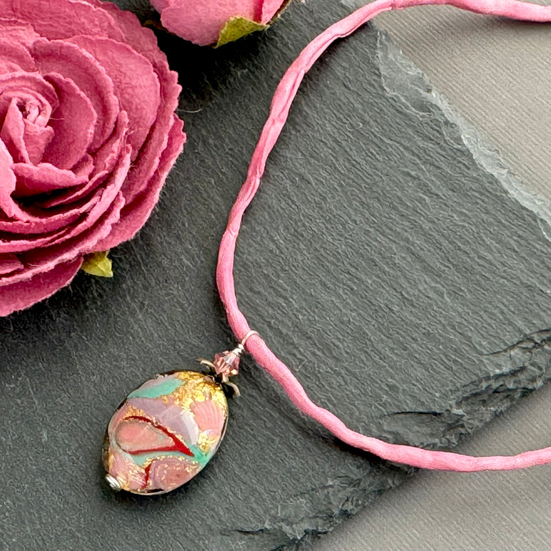 Czech Glass Pink Oval Lamp Work Necklace on Silk Cord