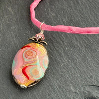 Czech Glass Pink Oval Lamp Work Necklace on Silk Cord