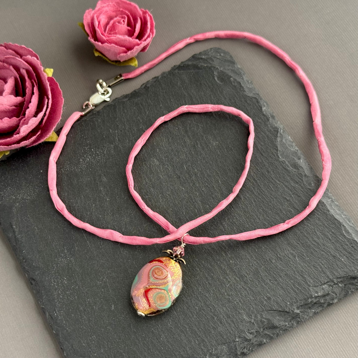 Czech Glass Pink Oval Lamp Work Necklace on Silk Cord