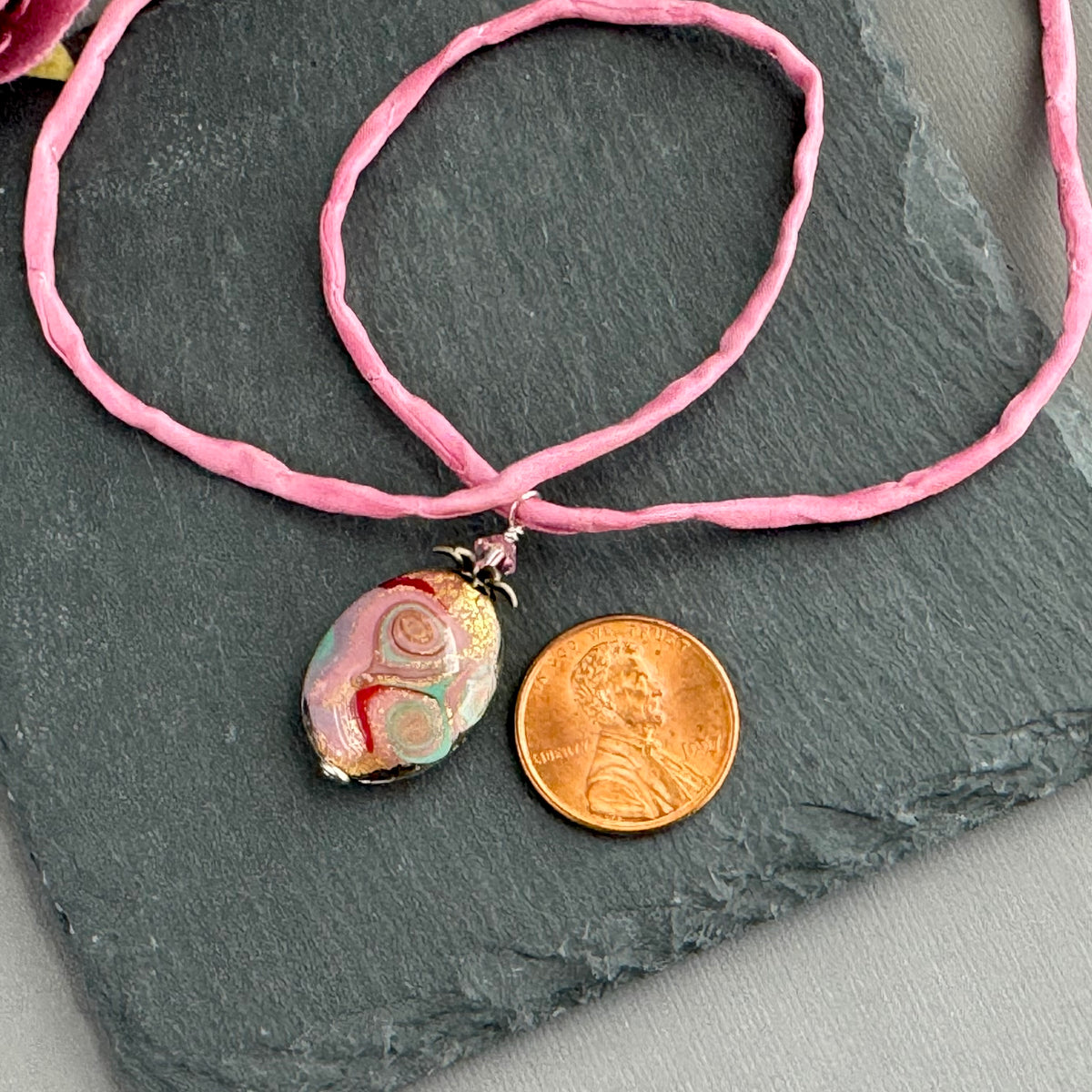 Czech Glass Pink Oval Lamp Work Necklace on Silk Cord