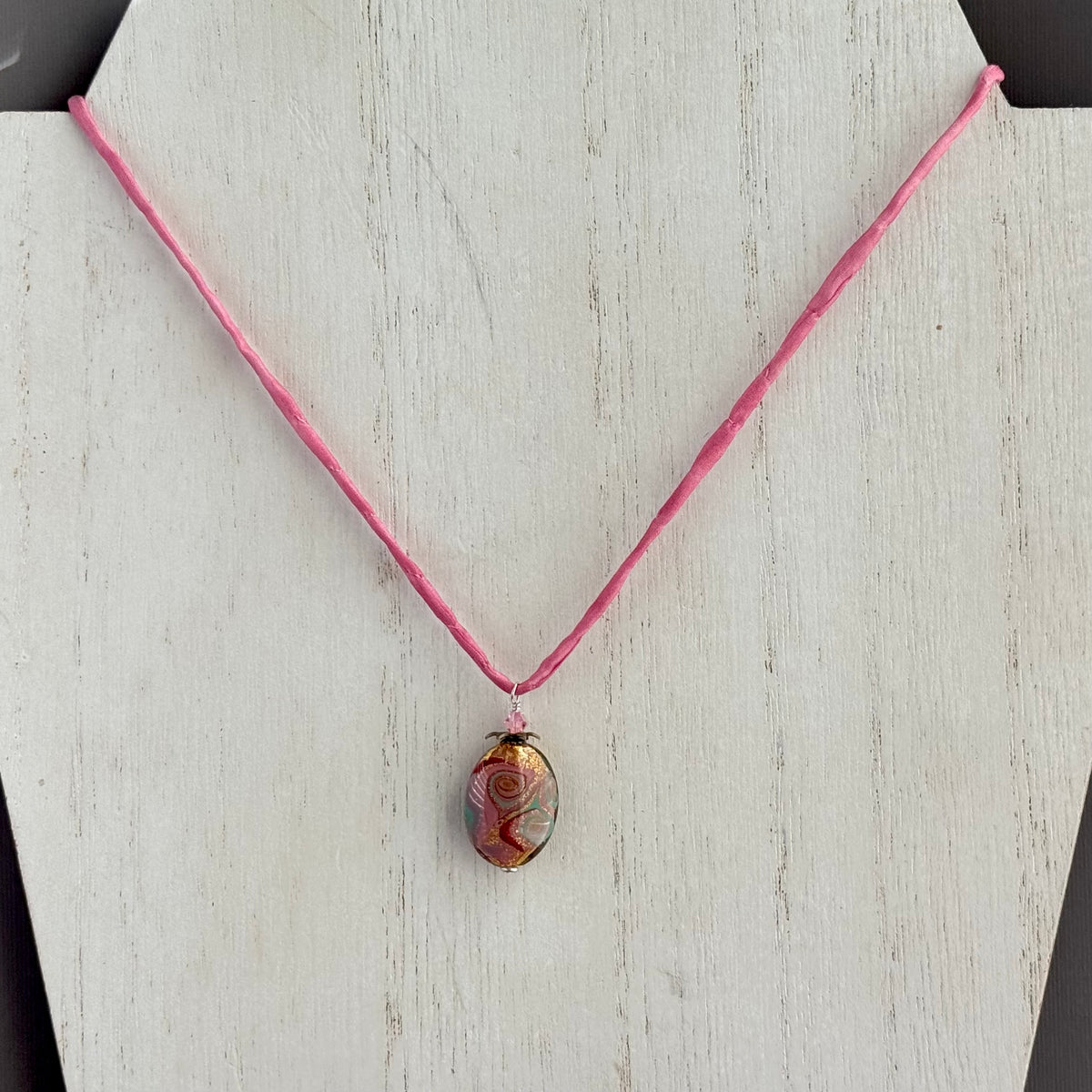 Czech Glass Pink Oval Lamp Work Necklace on Silk Cord