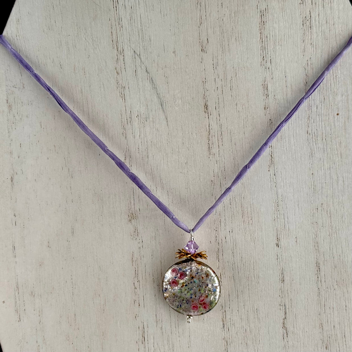 Luxury Handmade Czech Glass Silver Coin Lamp Work Necklace on Silk Cord