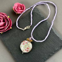 Luxury Handmade Czech Glass Silver Coin Lamp Work Necklace on Silk Cord