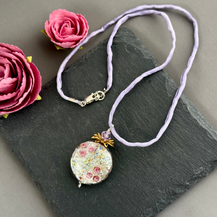 Luxury Handmade Czech Glass Silver Coin Lamp Work Necklace on Silk Cord