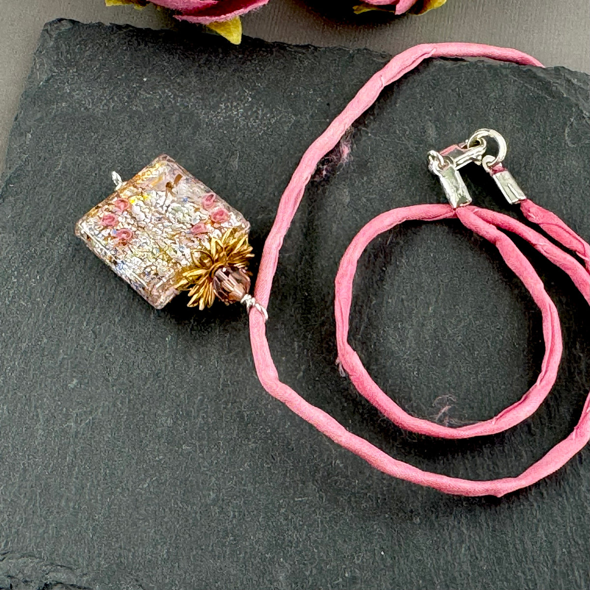 Luxury Handmade Czech Glass Pink Square Lamp Work Necklace on Silk Cord