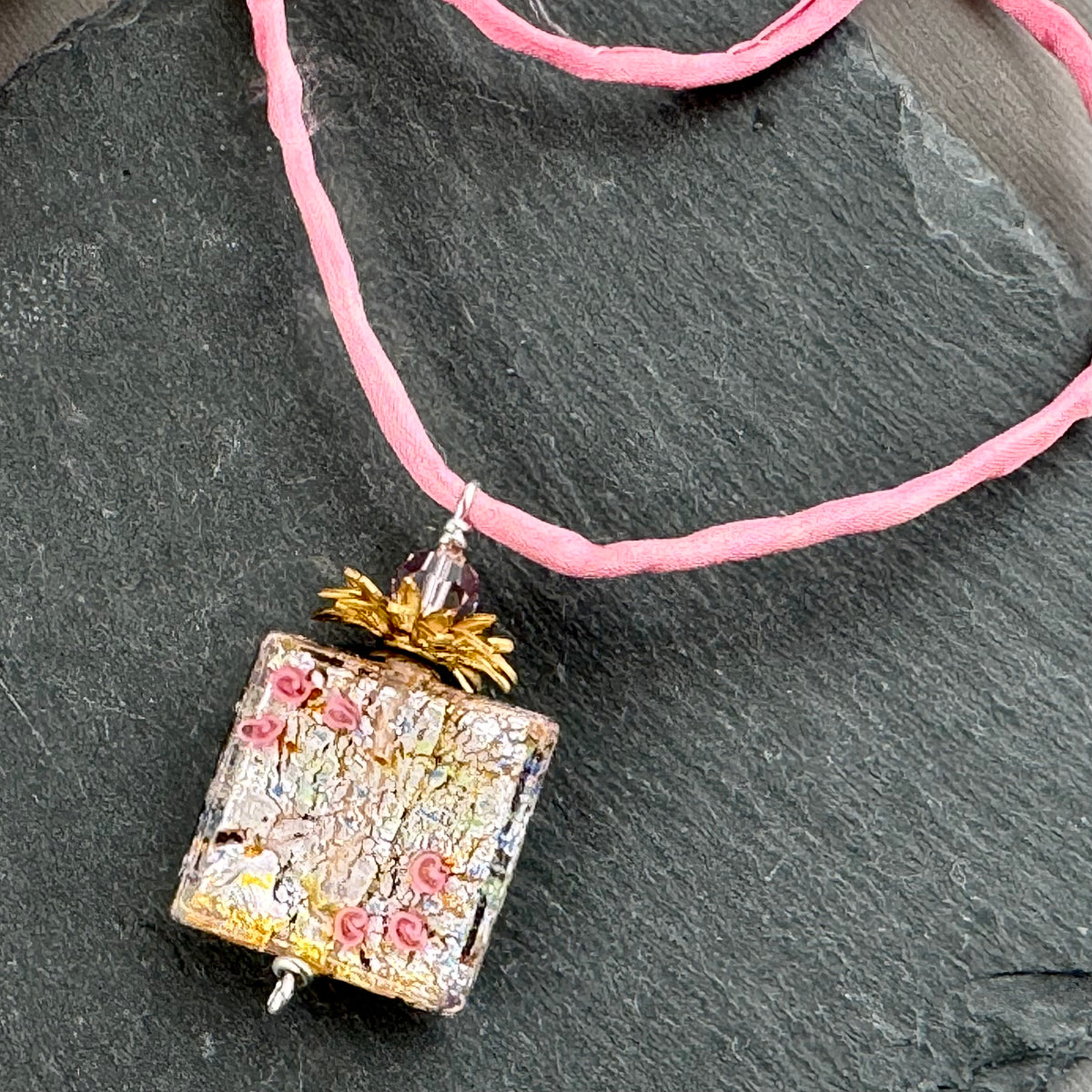 Luxury Handmade Czech Glass Pink Square Lamp Work Necklace on Silk Cord
