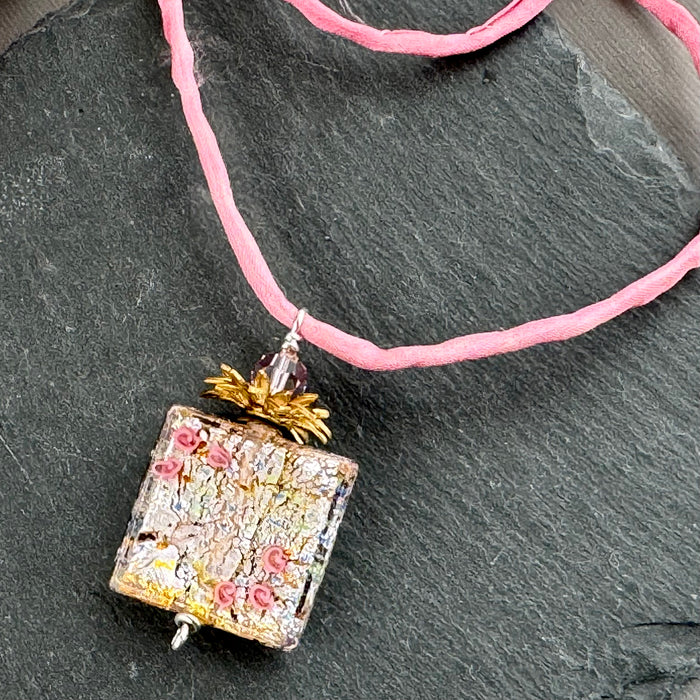 Luxury Handmade Czech Glass Pink Square Lamp Work Necklace on Silk Cord