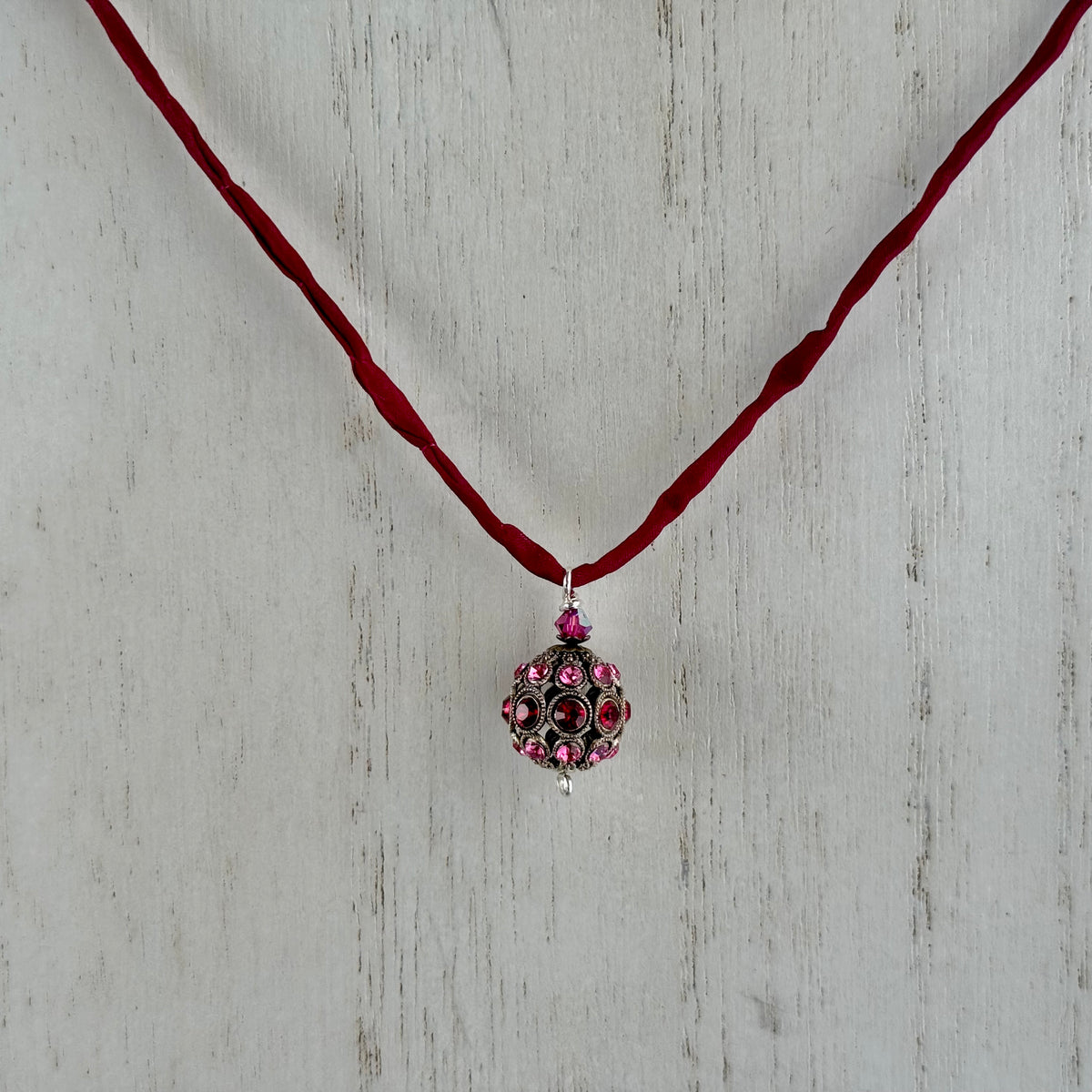 Vintage Swarovski Crystal Filigree Encrusted Cranberry and Pink Necklace in Sterling Silver