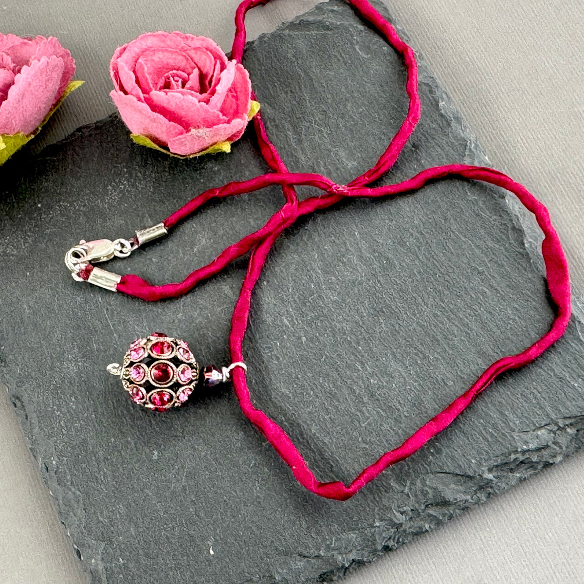 Vintage Swarovski Crystal Filigree Encrusted Cranberry and Pink Necklace in Sterling Silver