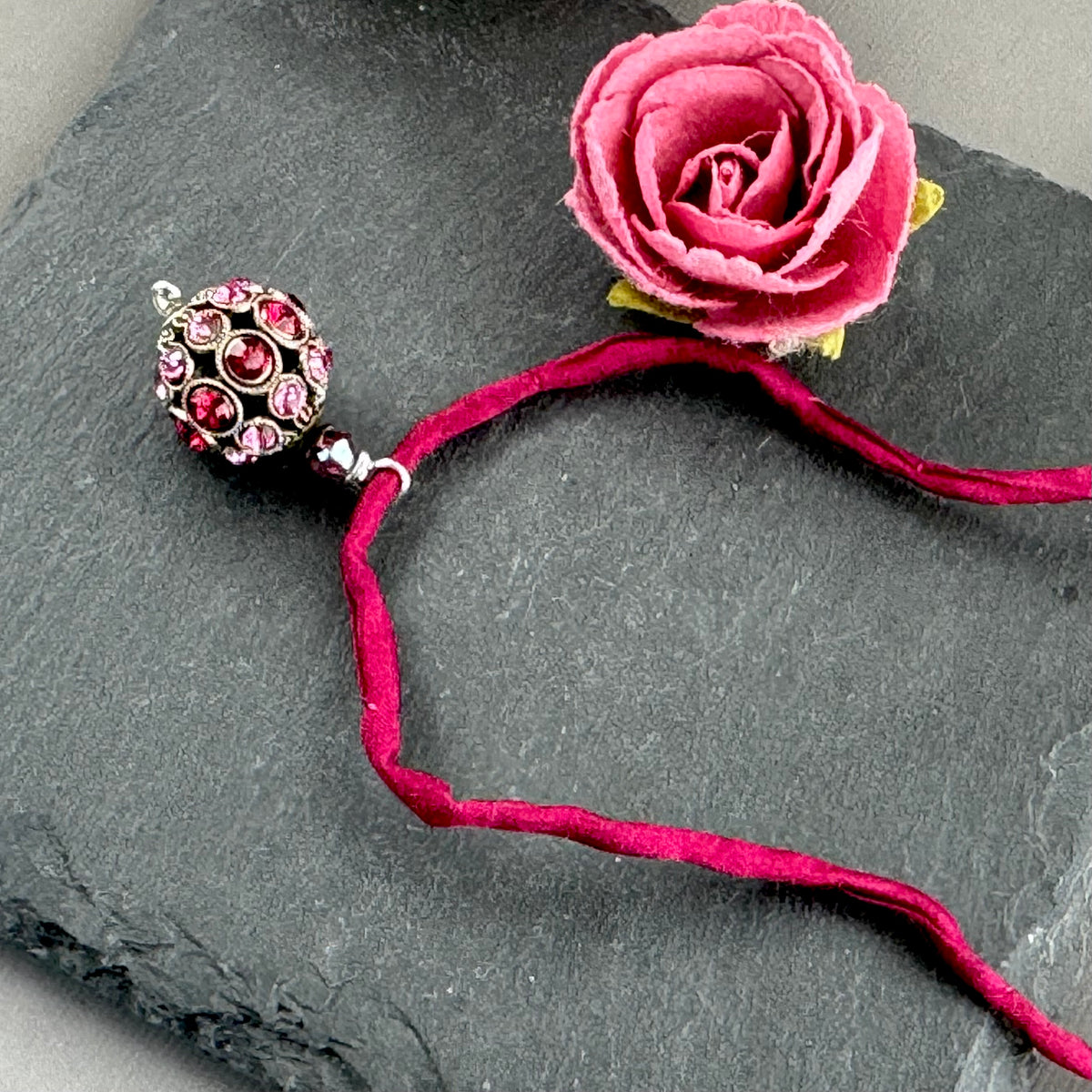 Vintage Swarovski Crystal Filigree Encrusted Cranberry and Pink Necklace in Sterling Silver