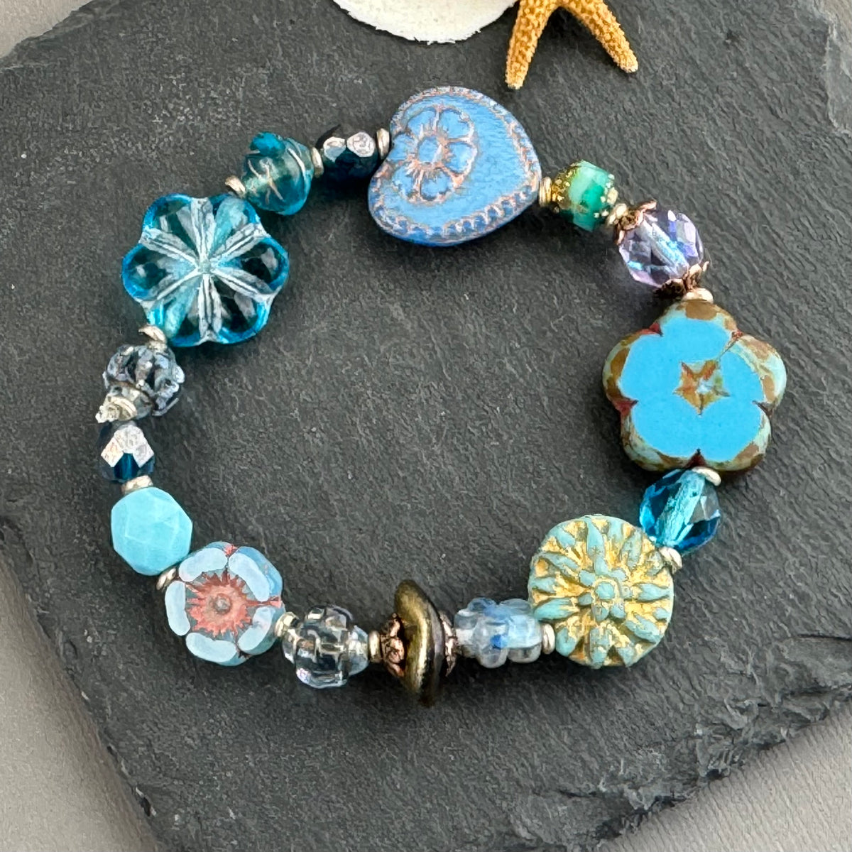 Light Blue Flower Czech Glass Stretch Bracelet