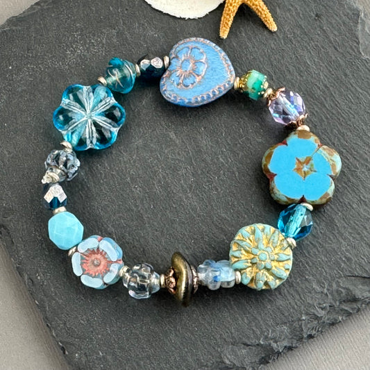 Light Blue Flower Czech Glass Stretch Bracelet