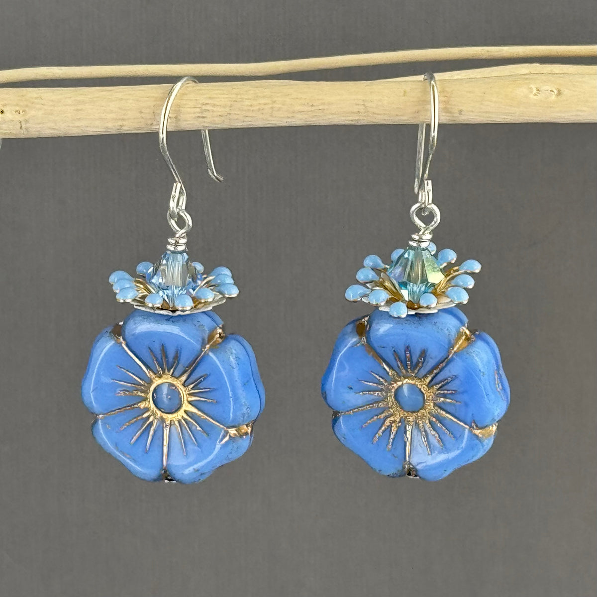 Large Cornflower Blue Czech Glass Hibiscus Flower Earrings