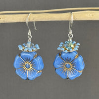 Large Cornflower Blue Czech Glass Hibiscus Flower Earrings