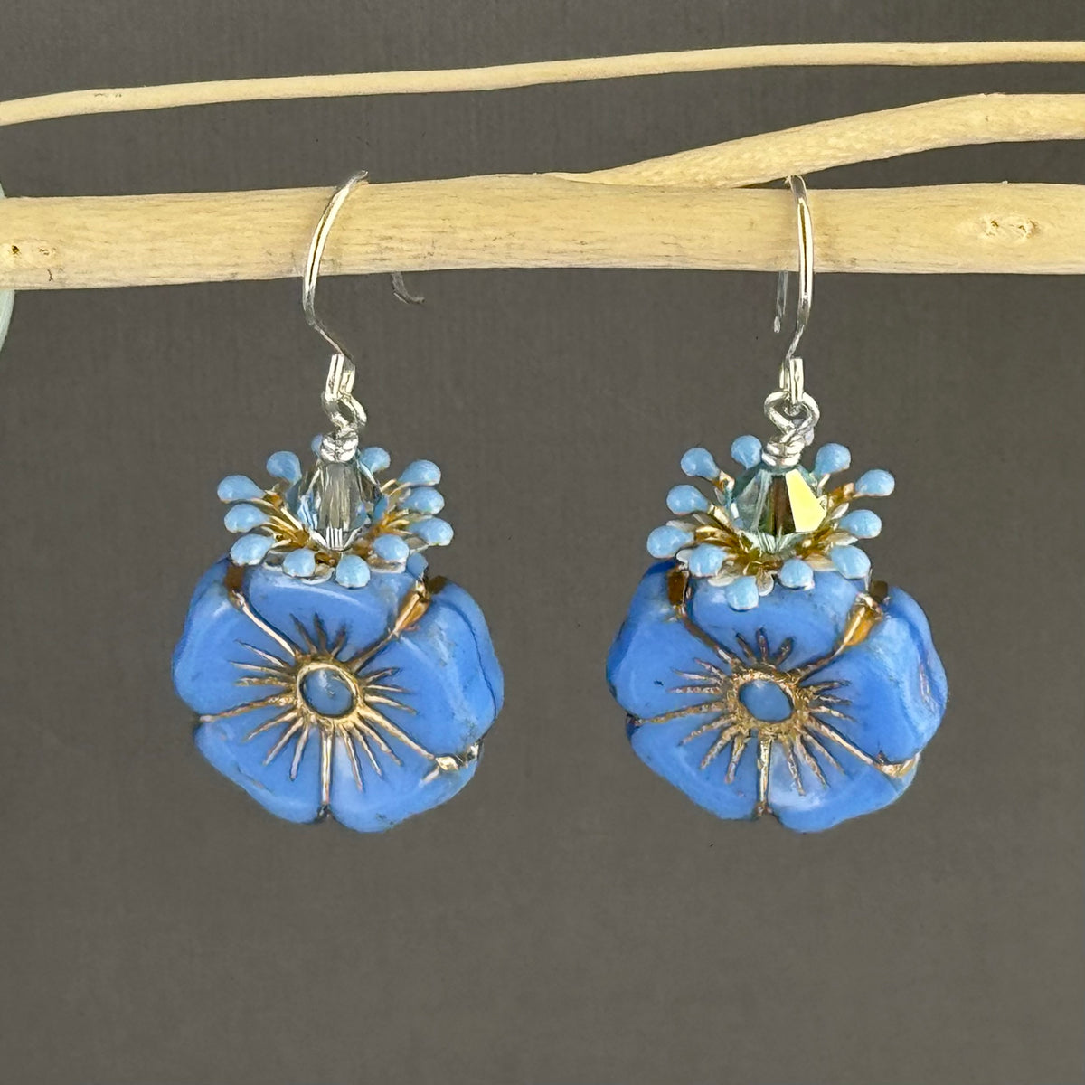 Large Cornflower Blue Czech Glass Hibiscus Flower Earrings