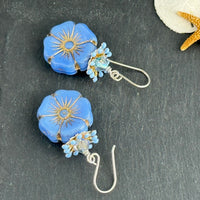 Large Cornflower Blue Czech Glass Hibiscus Flower Earrings