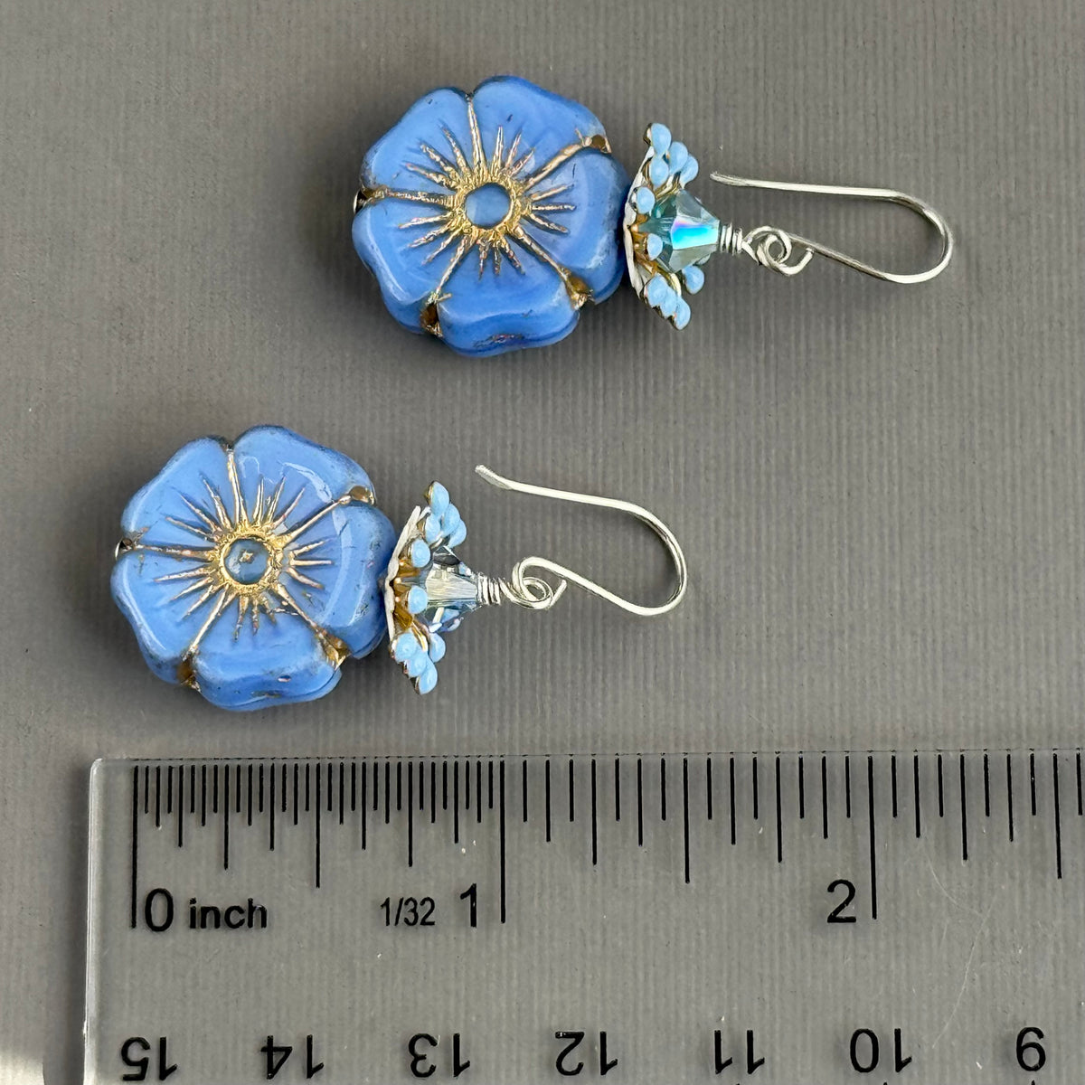 Large Cornflower Blue Czech Glass Hibiscus Flower Earrings