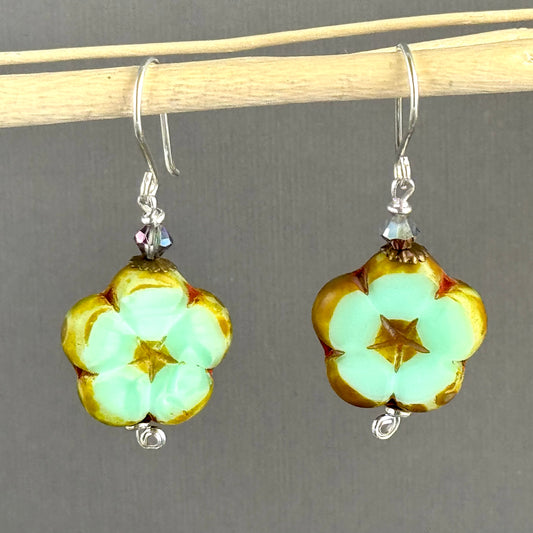 Czech Glass Pale Green Flower Earrings in Sterling Silver