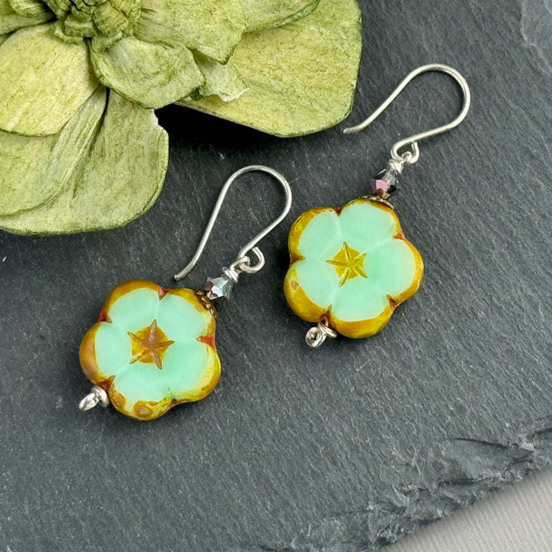 Czech Glass Pale Green Flower Earrings in Sterling Silver