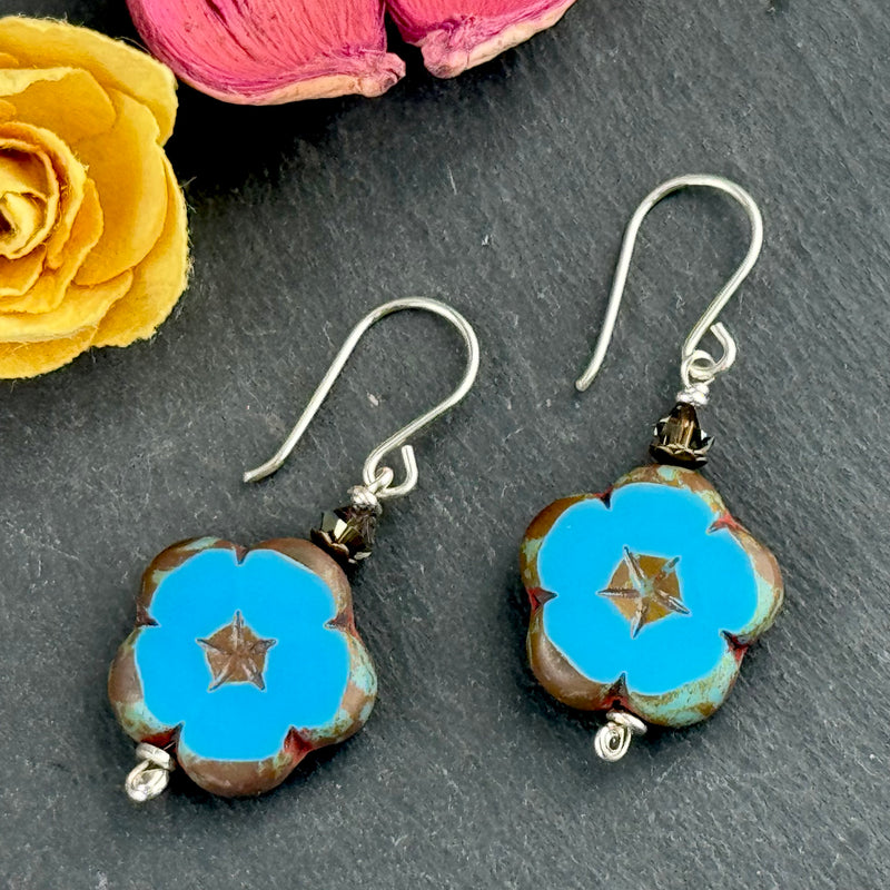 Czech Glass Blue Flower Earrings in Sterling Silver