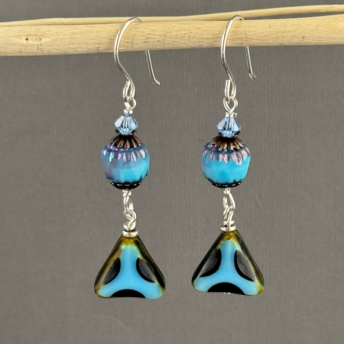 Blue and Black Zebra Triangle Czech Glass Dangle Earrings in Sterling Silver
