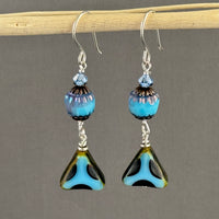 Blue and Black Zebra Triangle Czech Glass Dangle Earrings in Sterling Silver